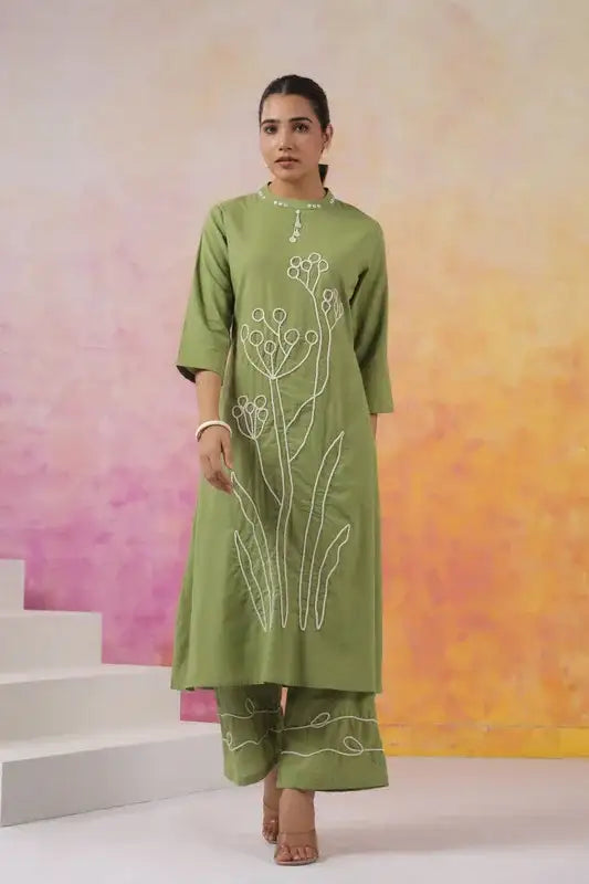 Artisanal Green Outfit with White Outline Embroidery Co-ord Set