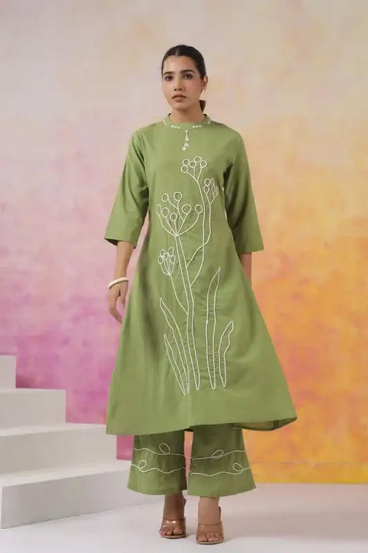 Artisanal Green Outfit with White Outline Embroidery Co-ord Set