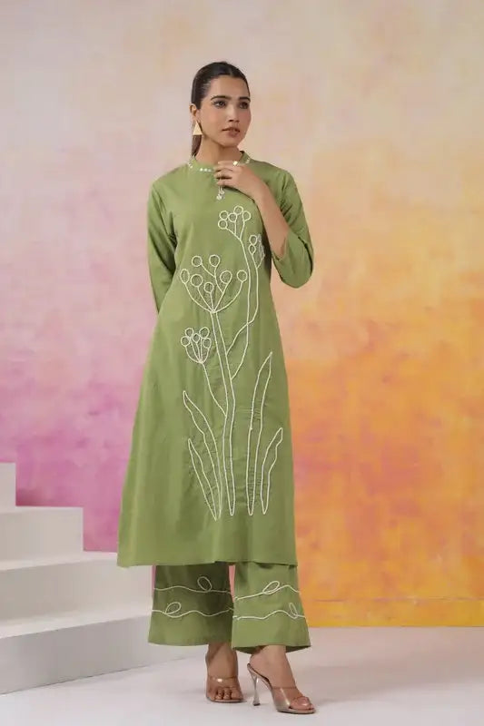 Artisanal Green Outfit with White Outline Embroidery Co-ord Set