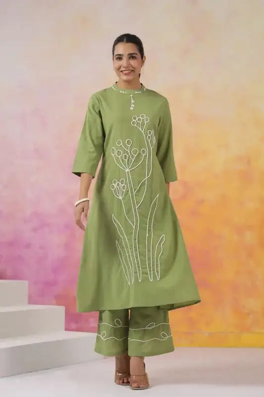 Artisanal Green Outfit with White Outline Embroidery Co-ord Set