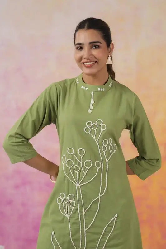 Artisanal Green Outfit with White Outline Embroidery Co-ord Set
