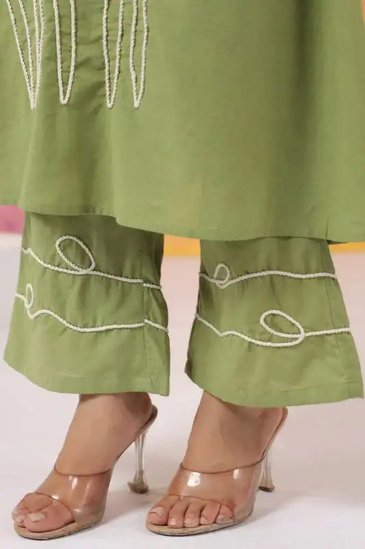Artisanal Green Outfit with White Outline Embroidery Co-ord Set