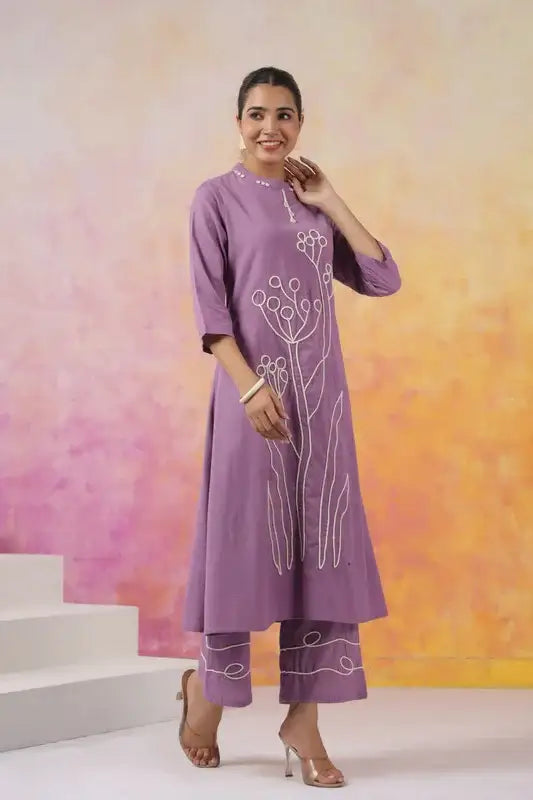 Elegant Purple with Minimalist Floral Embroidery Cotton Co-ord Set