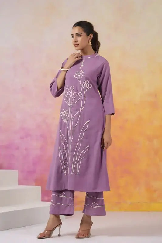 Elegant Purple with Minimalist Floral Embroidery Cotton Co-ord Set