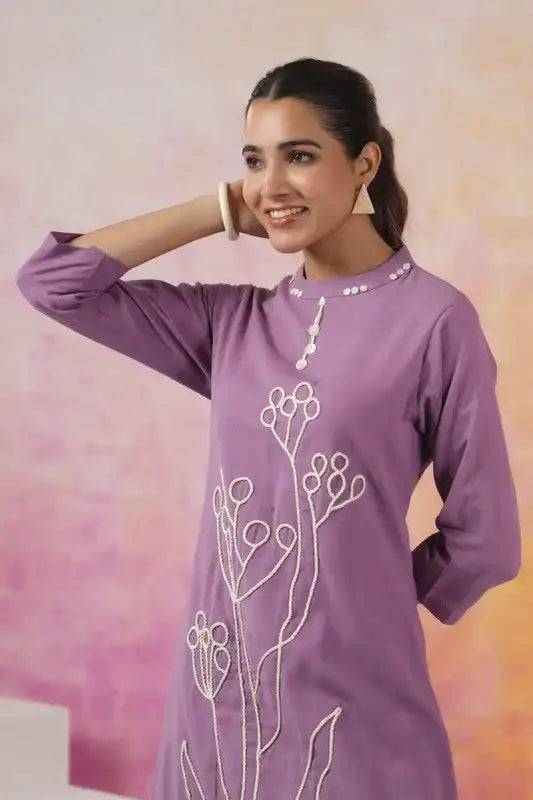 Elegant Purple with Minimalist Floral Embroidery Cotton Co-ord Set