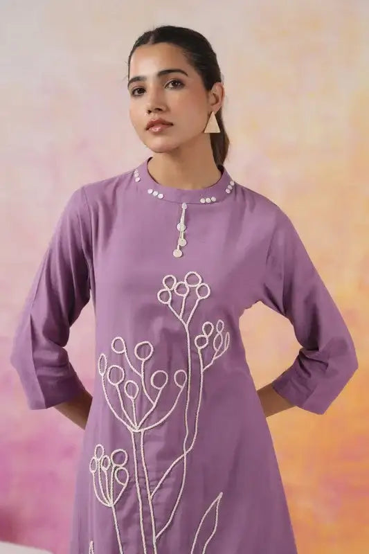 Elegant Purple with Minimalist Floral Embroidery Cotton Co-ord Set