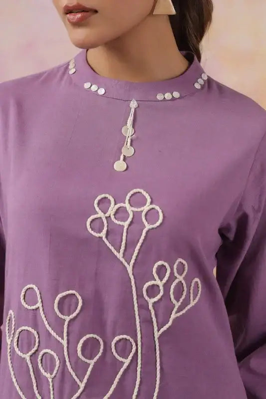 Elegant Purple with Minimalist Floral Embroidery Cotton Co-ord Set