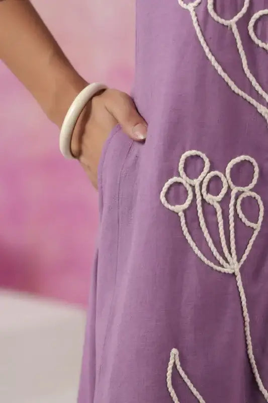 Elegant Purple with Minimalist Floral Embroidery Cotton Co-ord Set