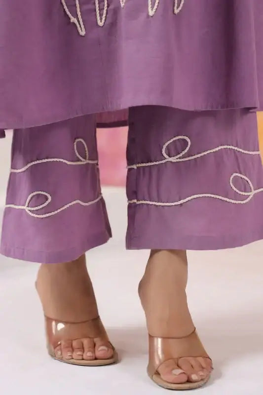 Elegant Purple with Minimalist Floral Embroidery Cotton Co-ord Set