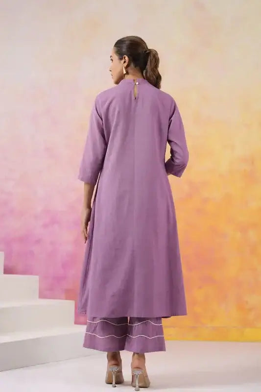 Elegant Purple with Minimalist Floral Embroidery Cotton Co-ord Set