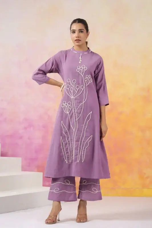 Elegant Purple with Minimalist Floral Embroidery Cotton Co-ord Set