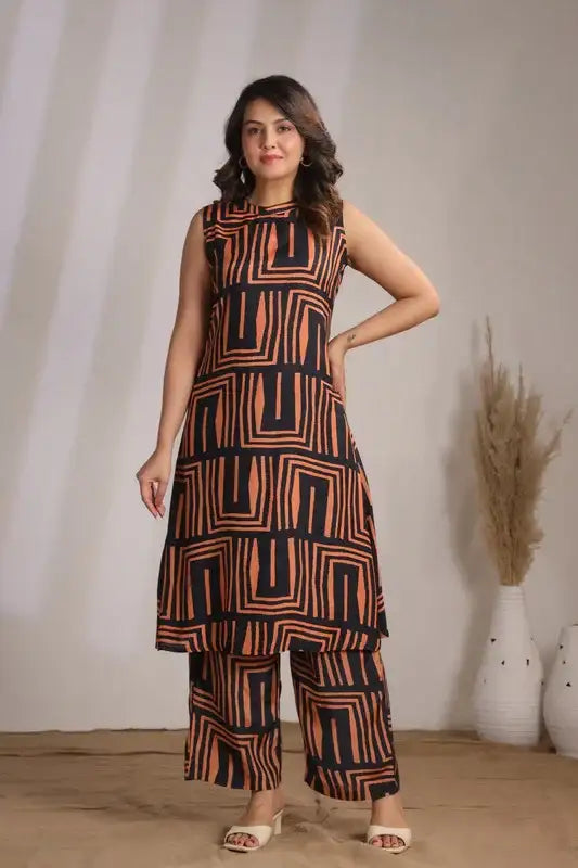 Rust Maze Sleeveless Russian Silk Co-ord Set