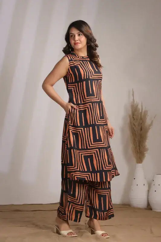 Rust Maze Sleeveless Russian Silk Co-ord Set