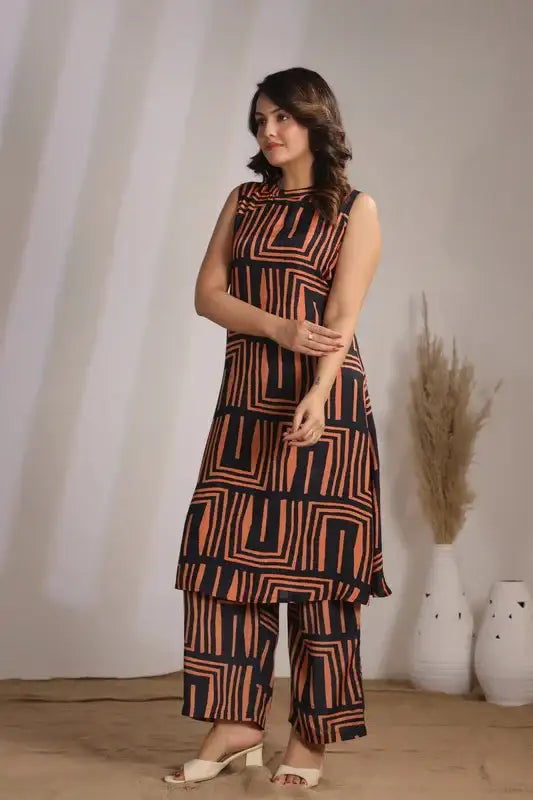 Rust Maze Sleeveless Russian Silk Co-ord Set