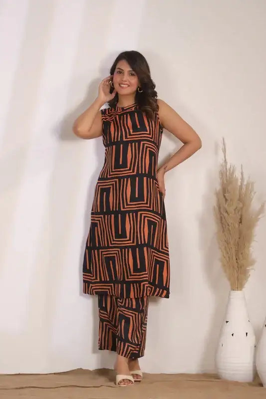 Rust Maze Sleeveless Russian Silk Co-ord Set