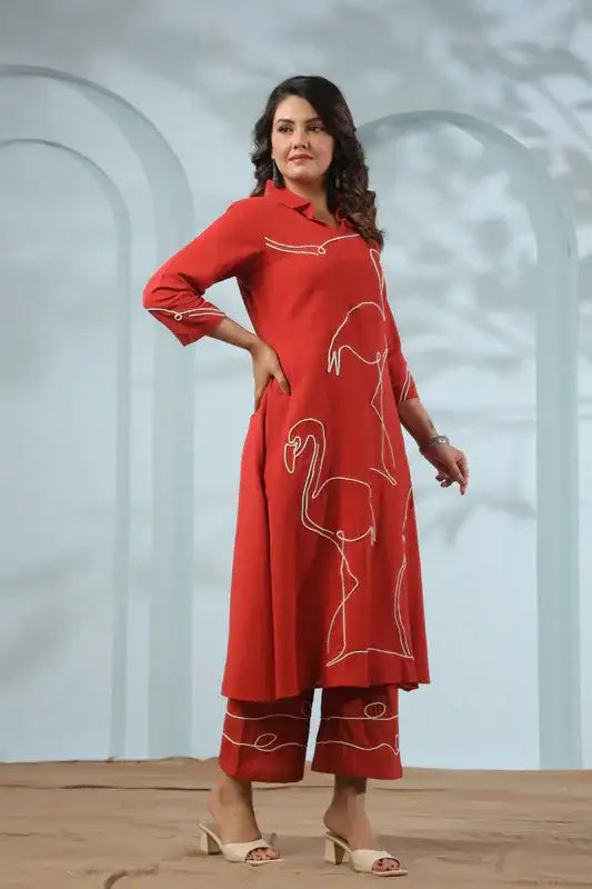 Orange Flamingo Embroidered Cotton Flex Co-ord Set