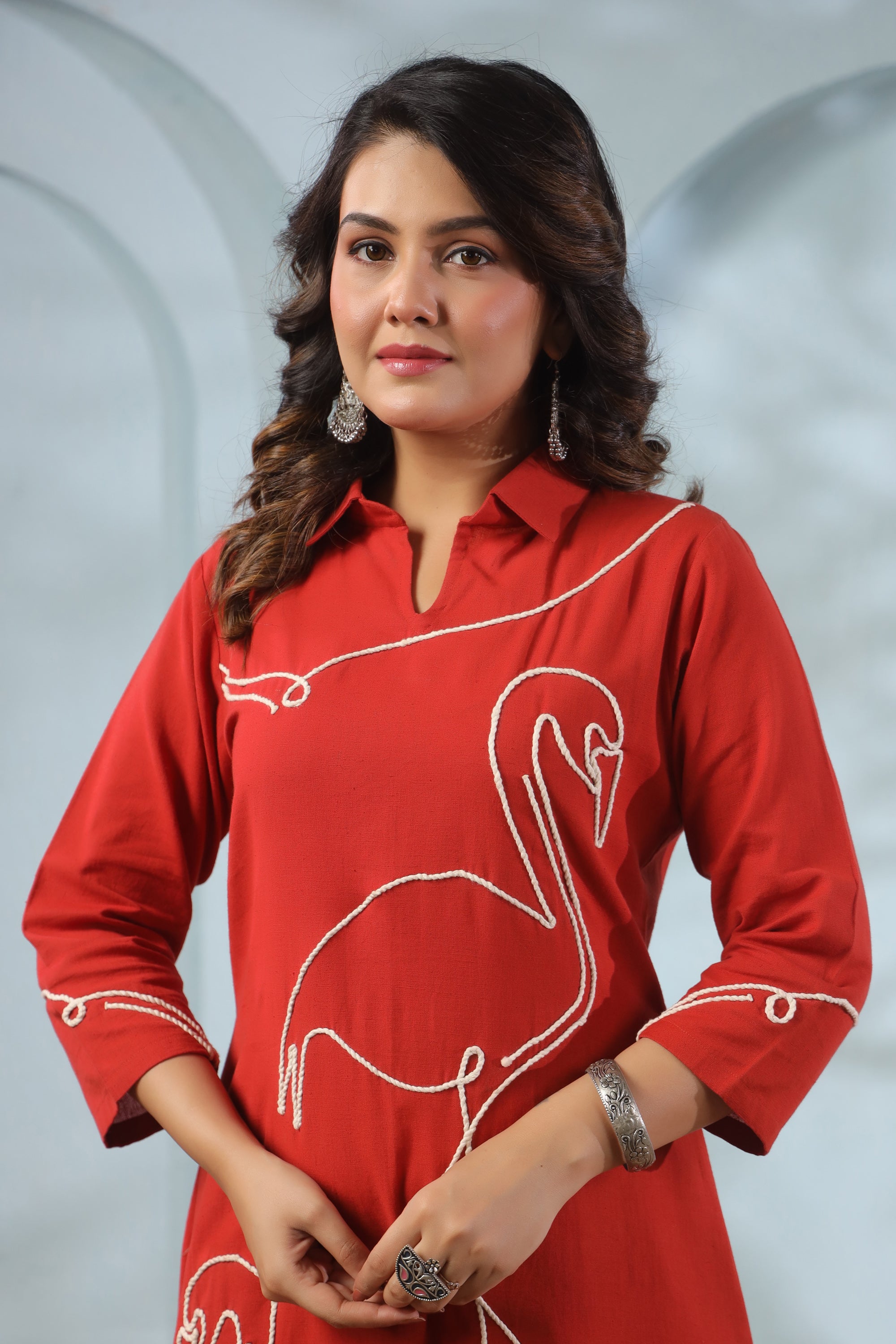 Orange Flamingo Embroidered Cotton Flex Co-ord Set