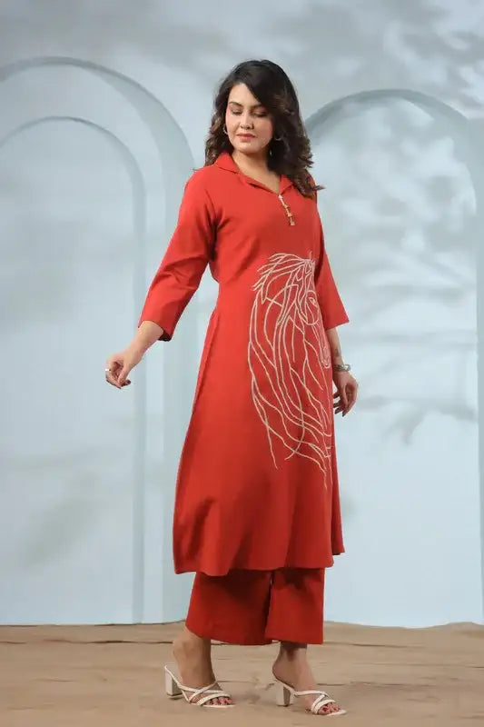 Traditional Equestrian Embroidered Rust Cotton Co-ord Set