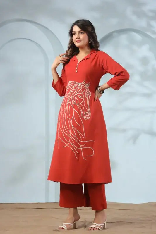 Traditional Equestrian Embroidered Rust Cotton Co-ord Set