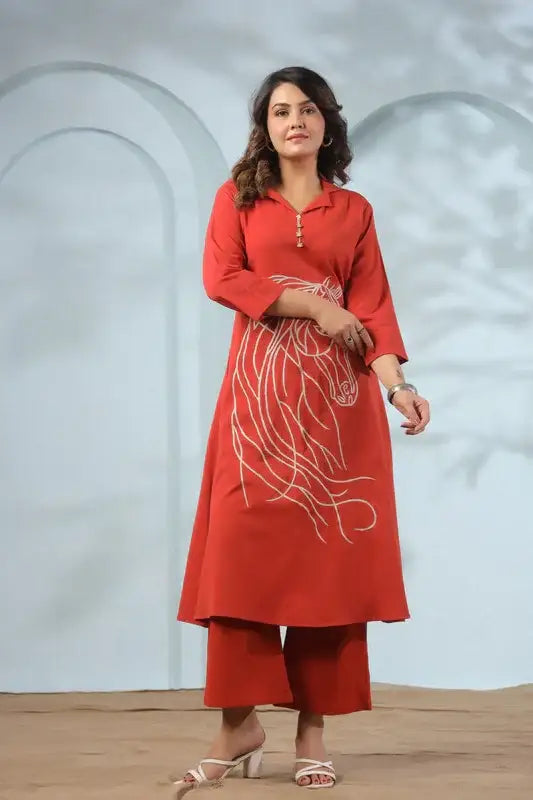 Traditional Equestrian Embroidered Rust Cotton Co-ord Set