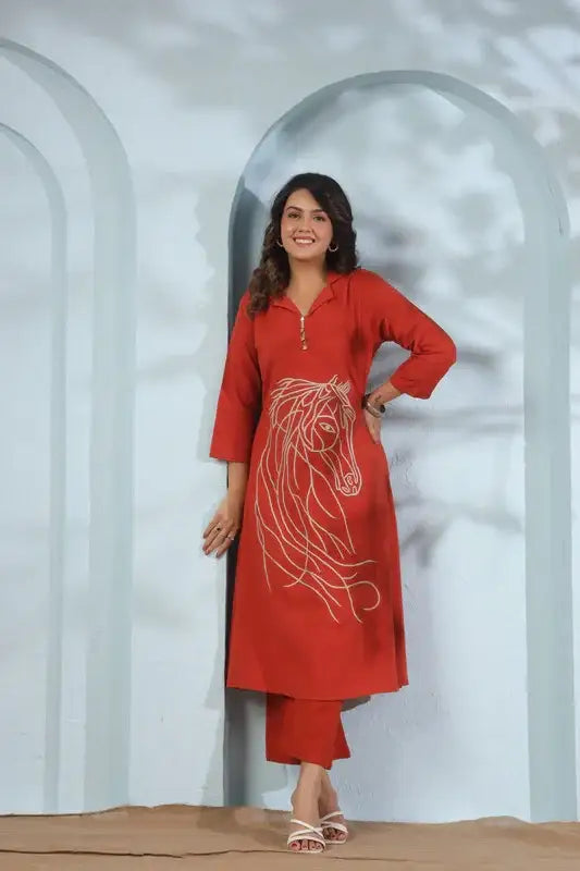 Traditional Equestrian Embroidered Rust Cotton Co-ord Set