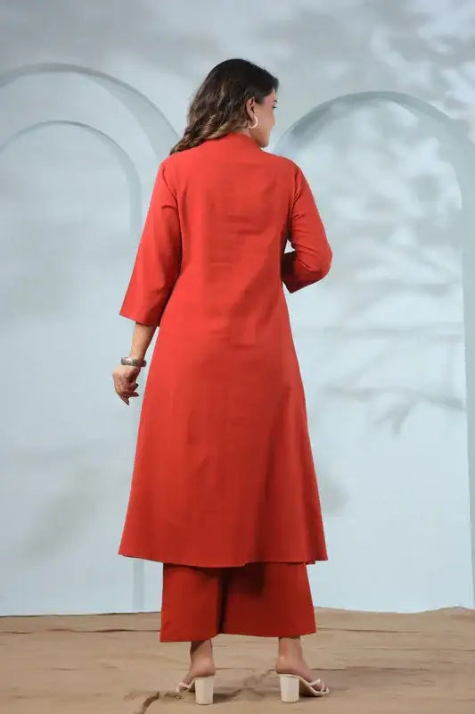Traditional Equestrian Embroidered Rust Cotton Co-ord Set