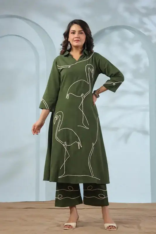 Green Flamingo Embroidered Cotton Flex Co-ord Set