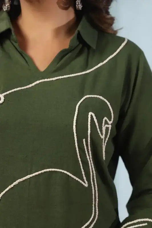 Green Flamingo Embroidered Cotton Flex Co-ord Set