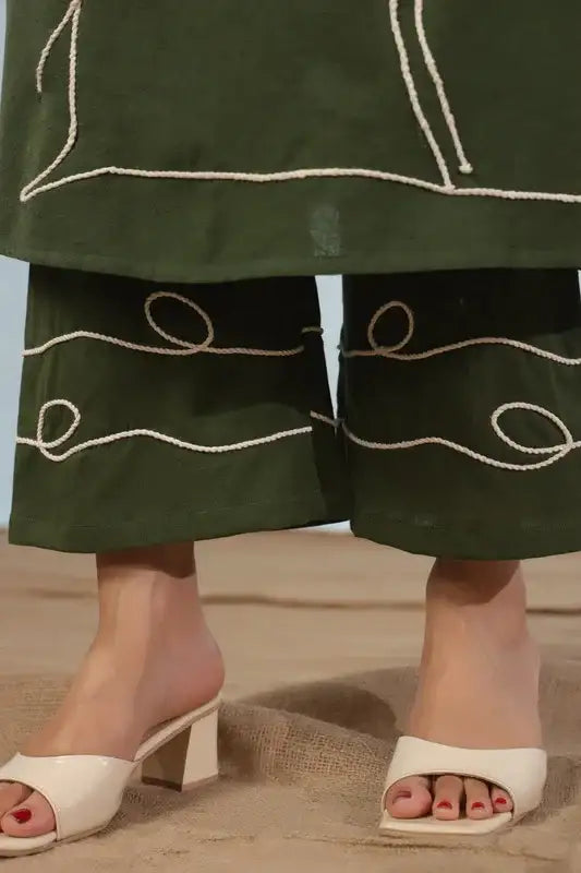 Green Flamingo Embroidered Cotton Flex Co-ord Set