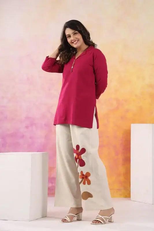 Berry Bloom Wine Cotton Flex Embroidered Co-ord Set