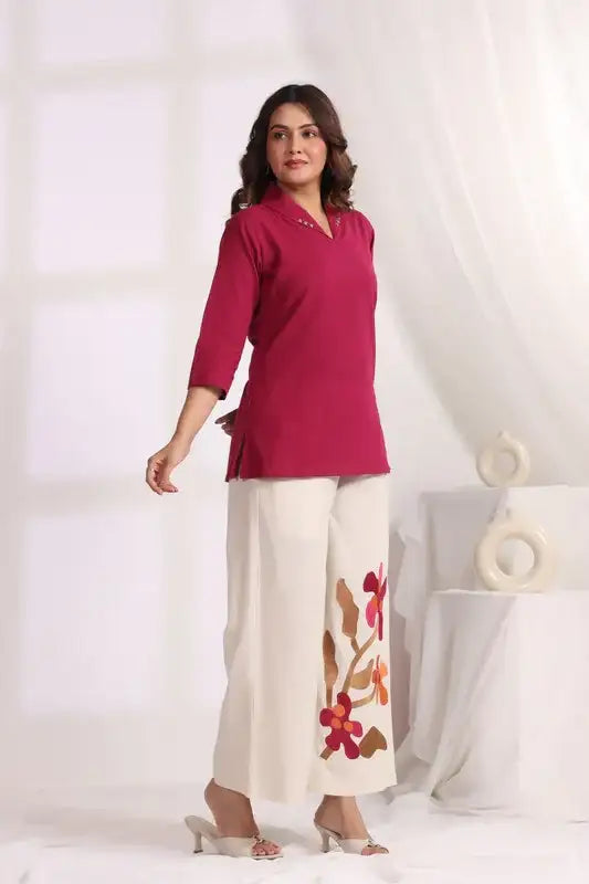Maroon Tunic with Embroidered Floral Cotton Flex Co-ord Set