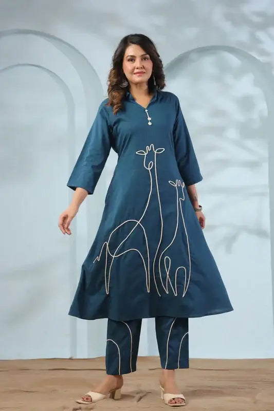 Giraffe Glance Blue Cotton Co-ord Set