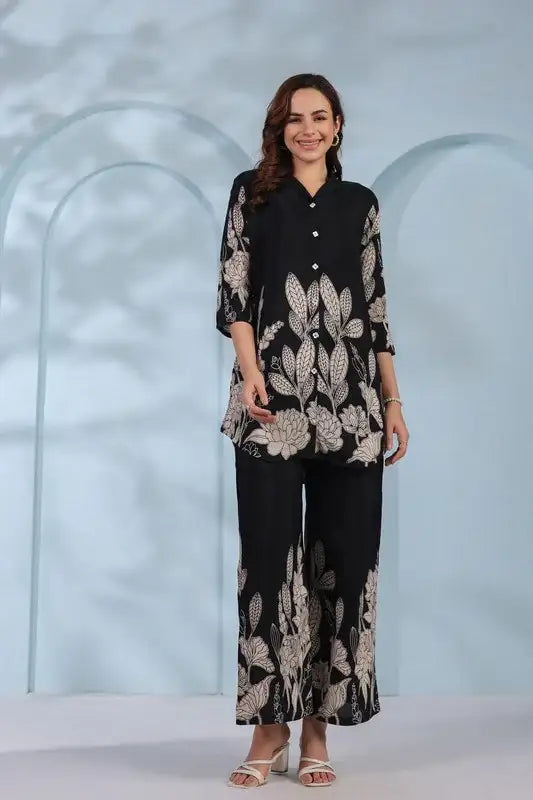 Monochrome Garden in Black Russian Silk Co-ord Set