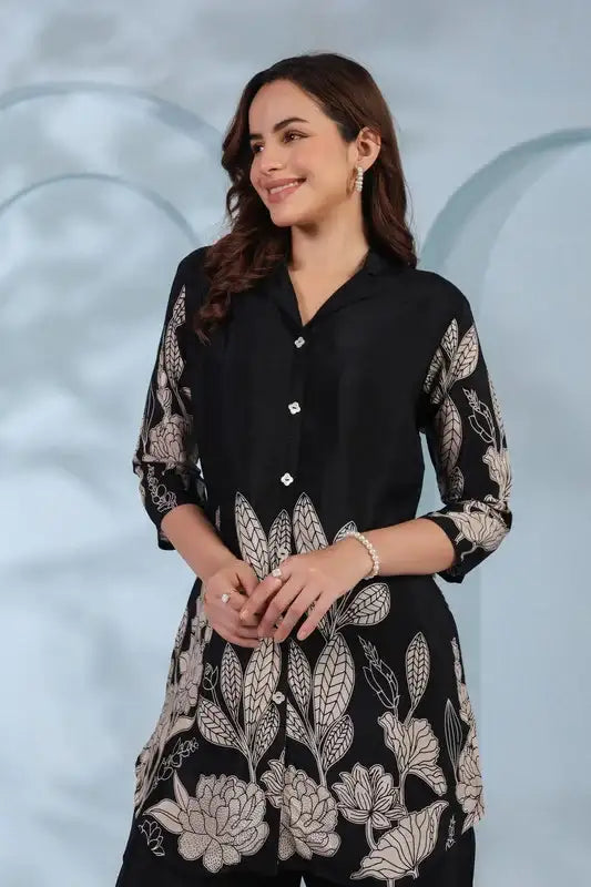 Monochrome Garden in Black Russian Silk Co-ord Set