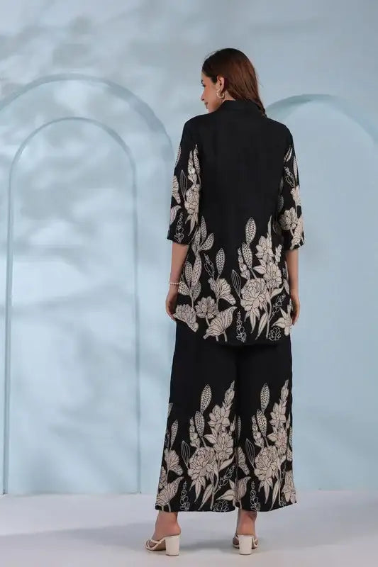 Monochrome Garden in Black Russian Silk Co-ord Set