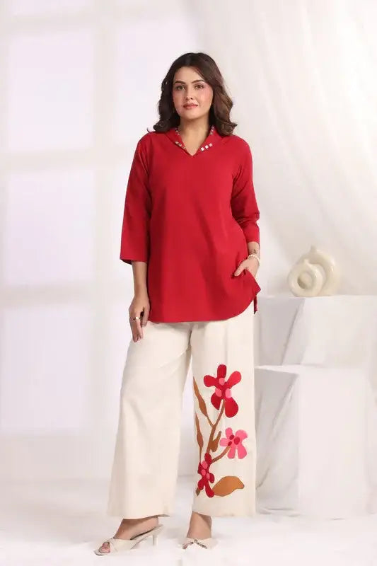 Embroidered Floral Red Cotton Flex Co-ord Set