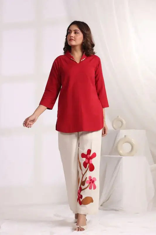 Embroidered Floral Red Cotton Flex Co-ord Set