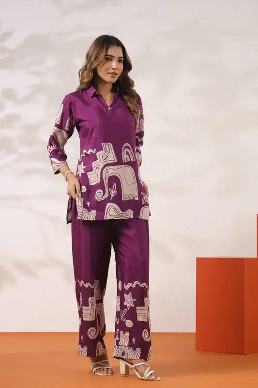 Abstract Printed Purple Russian Silk Co-ord Set