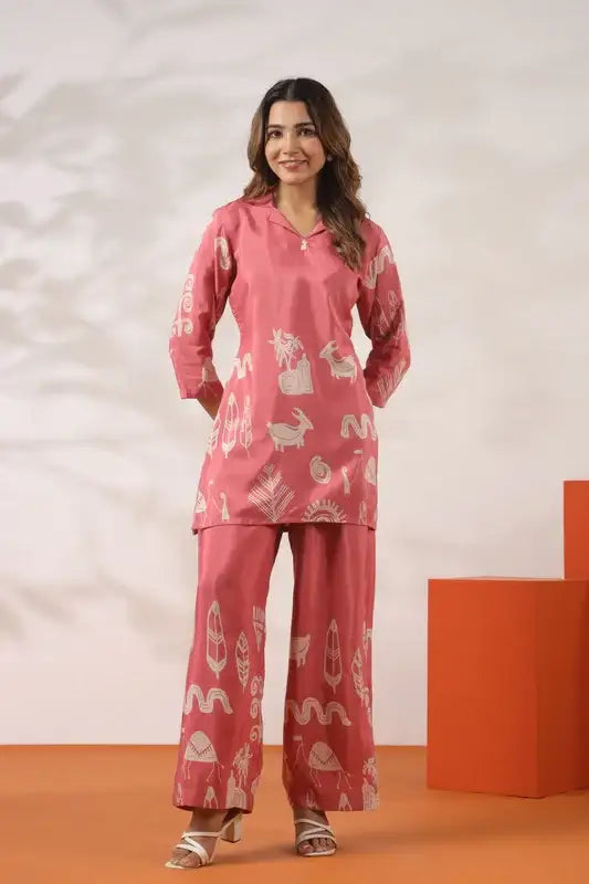 Warli Whisper Printed Pink Russian Silk Co-ord Set