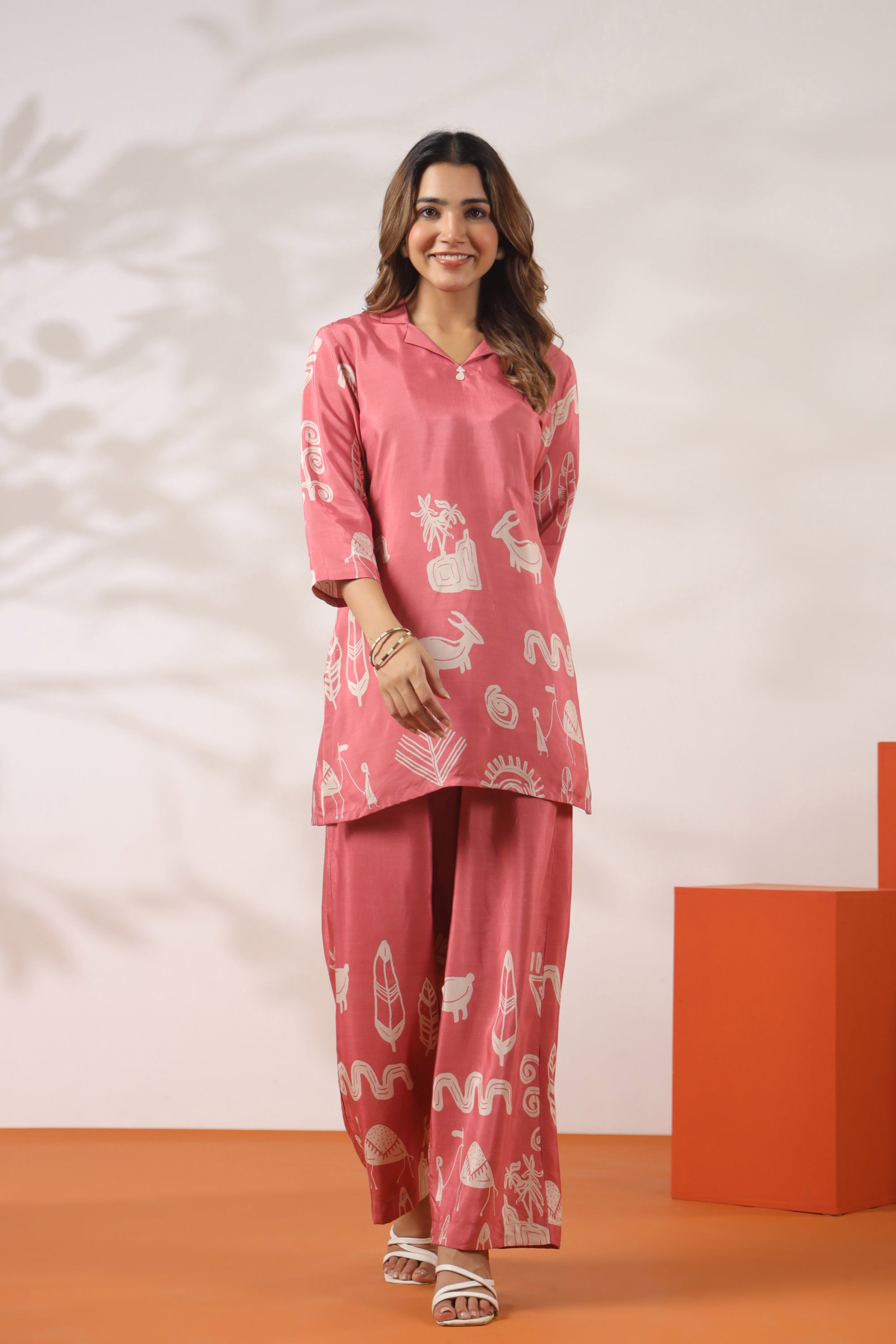 Warli Whisper Printed Pink Russian Silk Co-ord Set