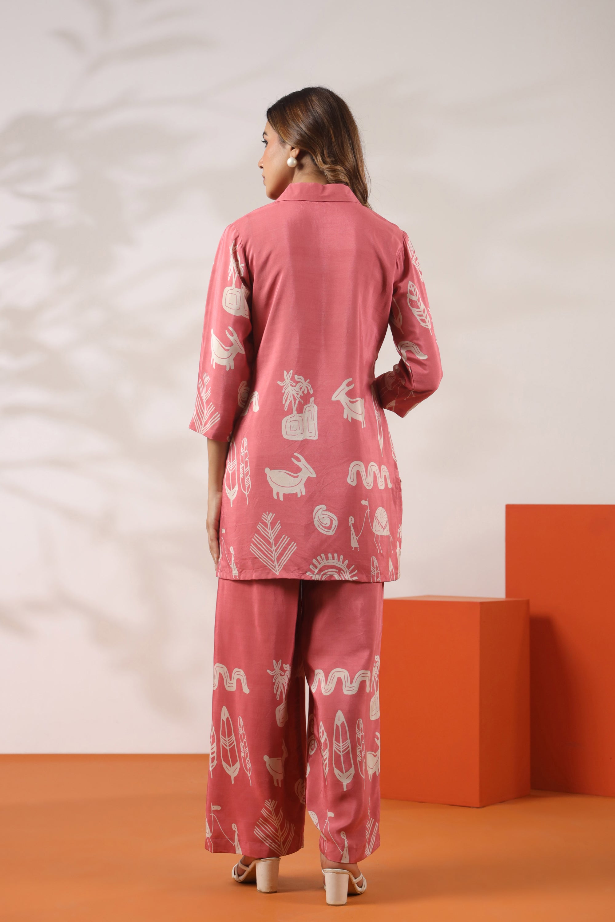 Warli Whisper Printed Pink Russian Silk Co-ord Set