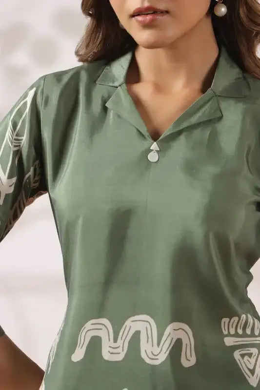 Green Tribal Motif Printed Russian Silk Co-ord Set