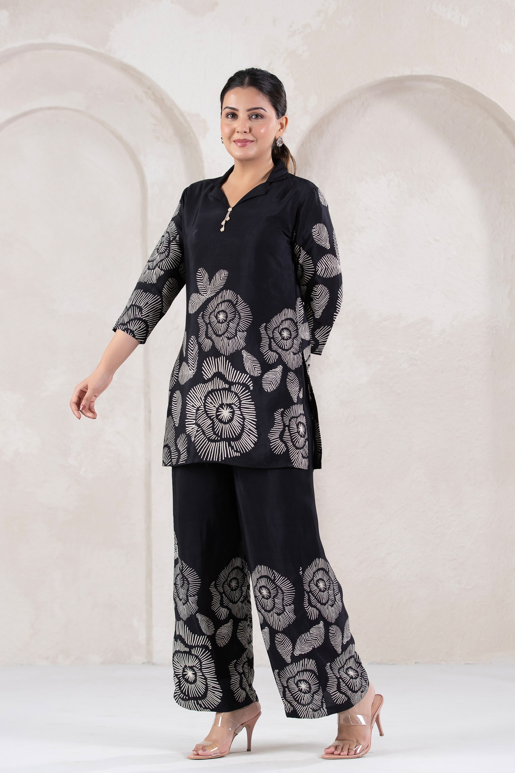 Bold Bloom in Black Printed Russian Silk Co-ord Set