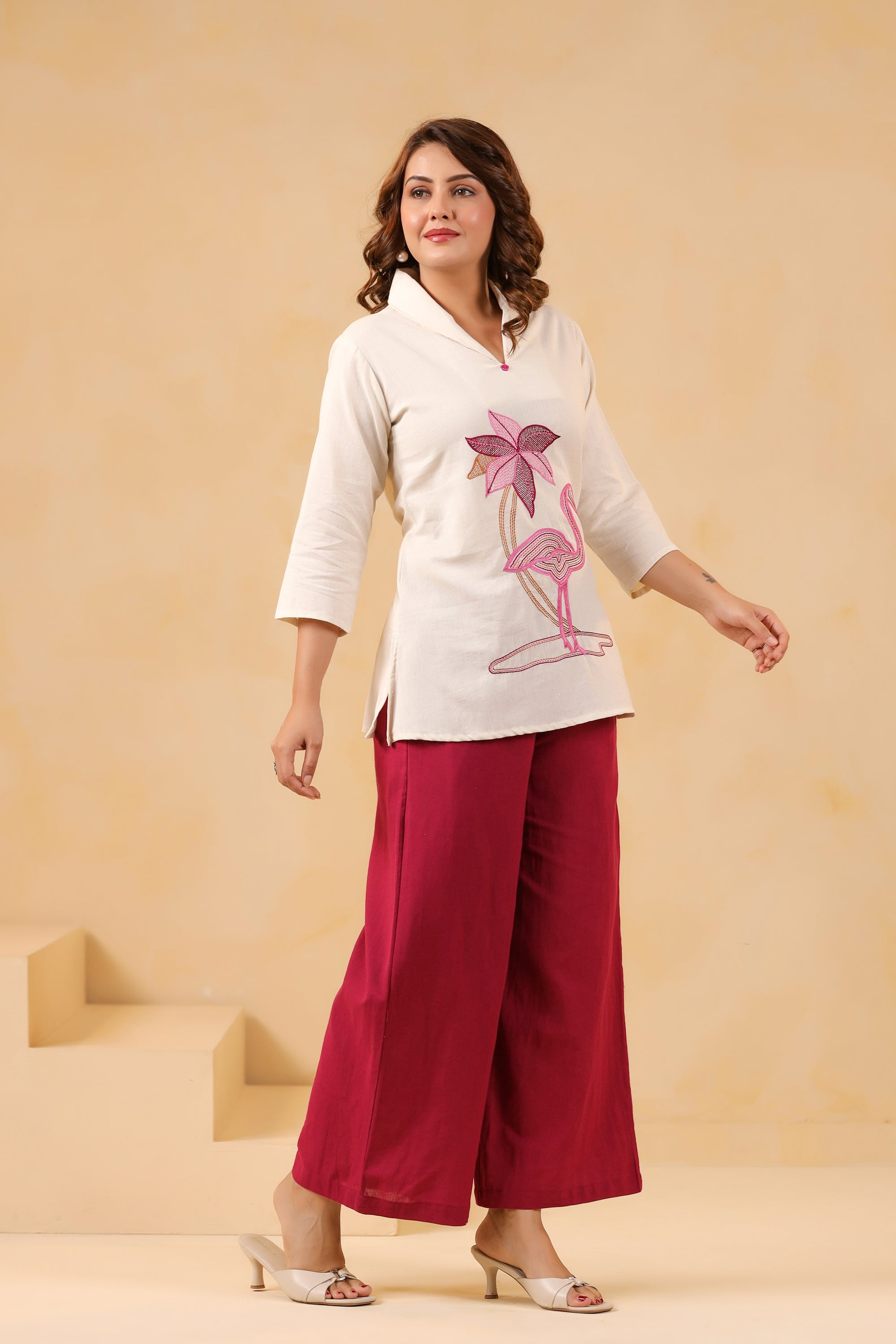 Elegant Off-Wite Flamingo Cotton Flex Embroidered Top & Wine Palazzo Co-ord Set