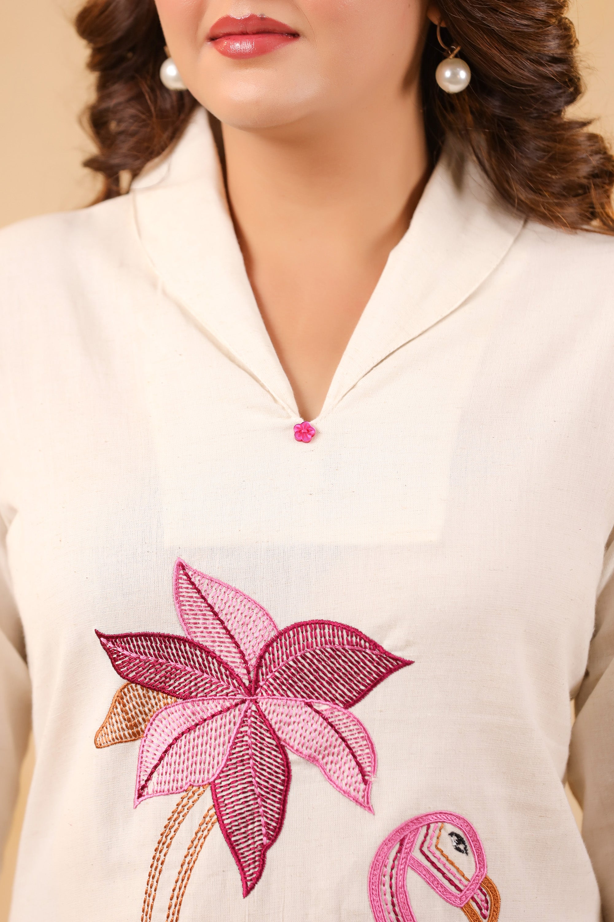 Elegant Off-Wite Flamingo Cotton Flex Embroidered Top & Wine Palazzo Co-ord Set