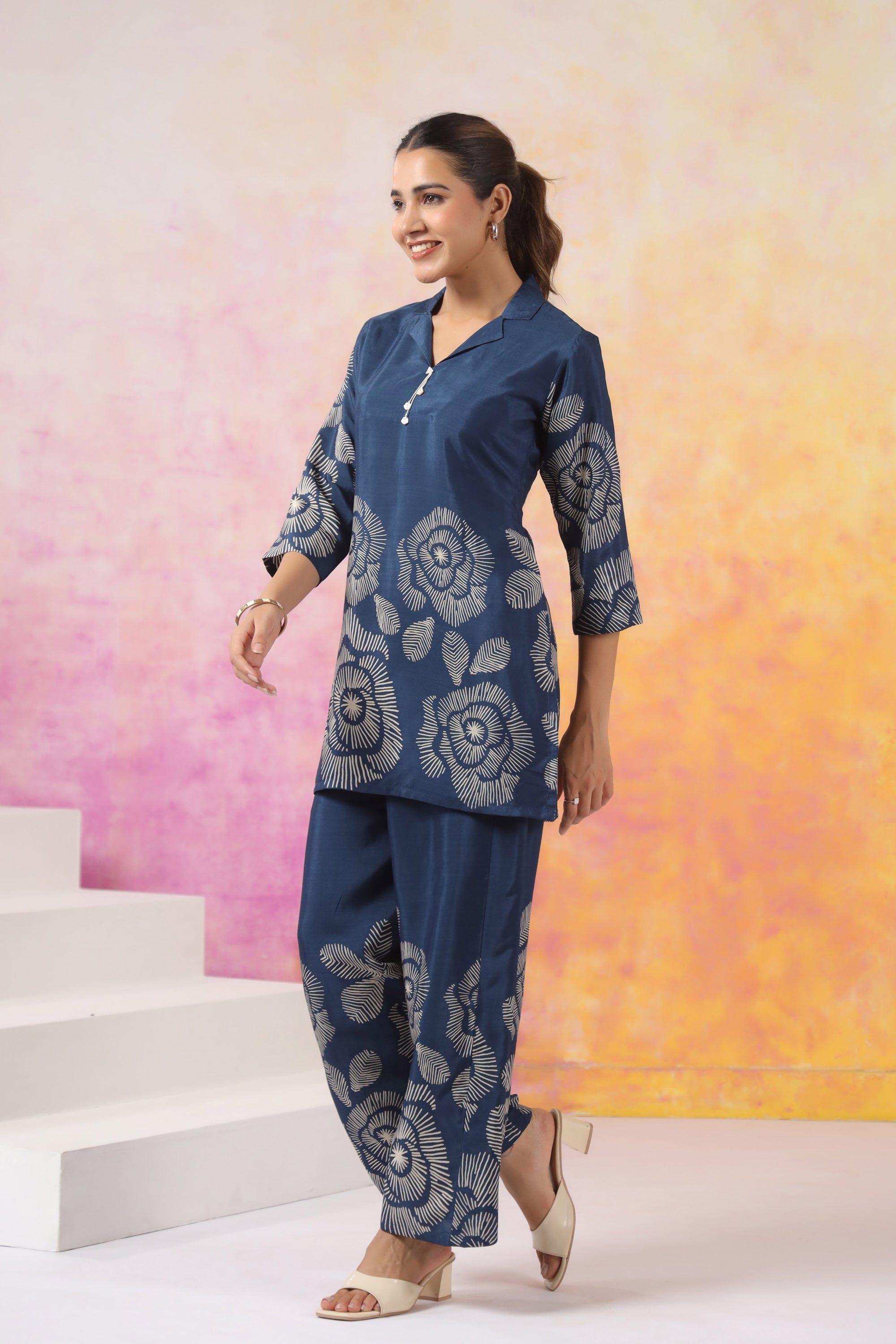 Blue Bloom Printed Russian Silk Co-ord Set