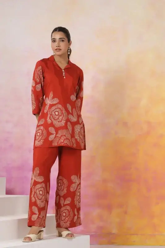 Artistic Floral Orange Printed Russian Silk Co-ord Set