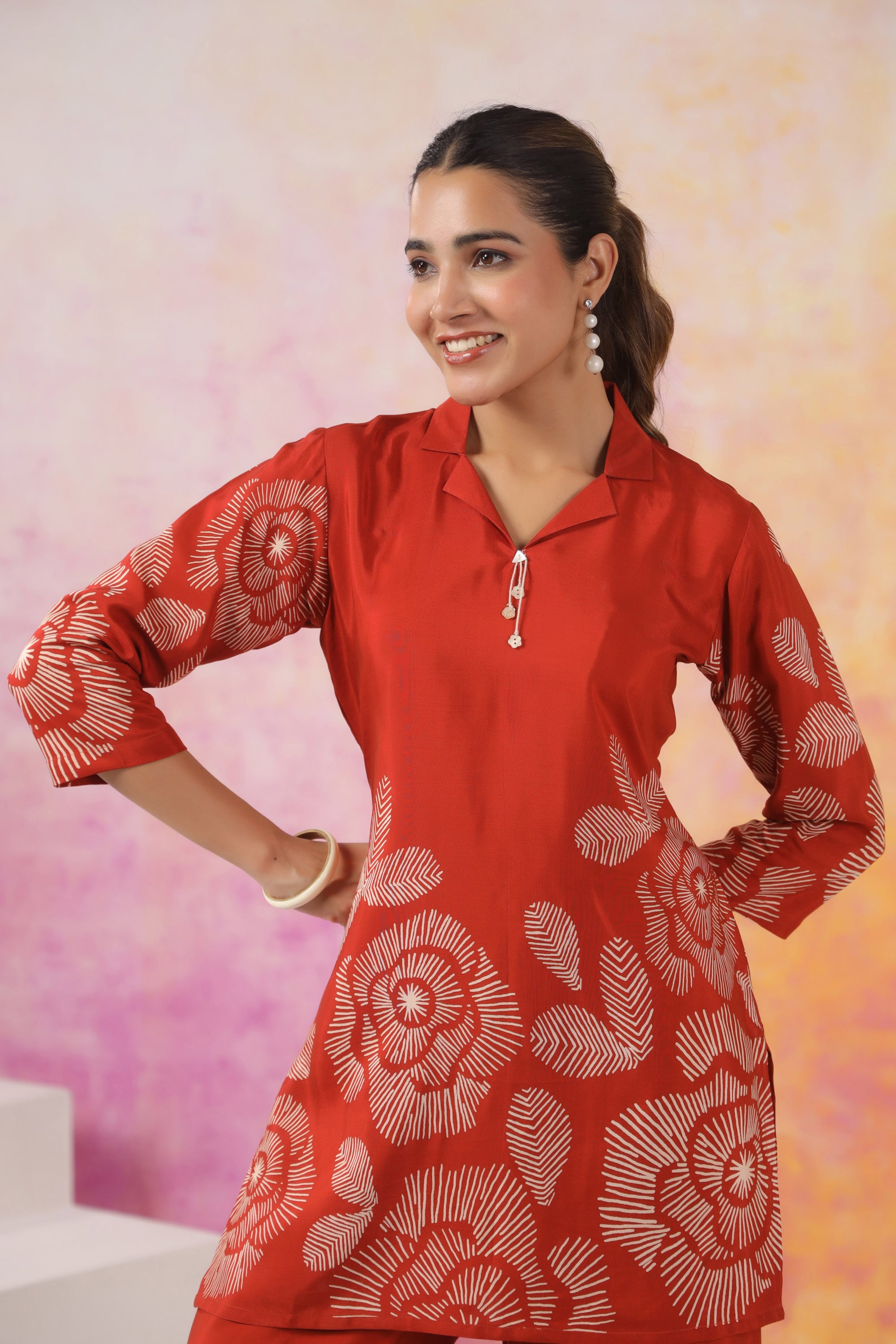 Artistic Floral Orange Printed Russian Silk Co-ord Set