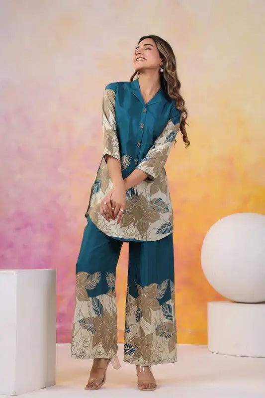 Teal Beige Blossom Russian Silk Co-ord Set