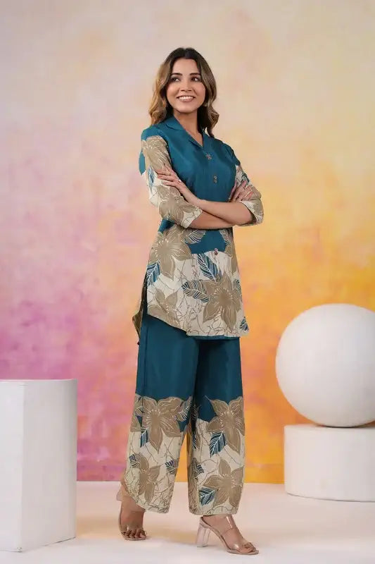 Teal Beige Blossom Russian Silk Co-ord Set